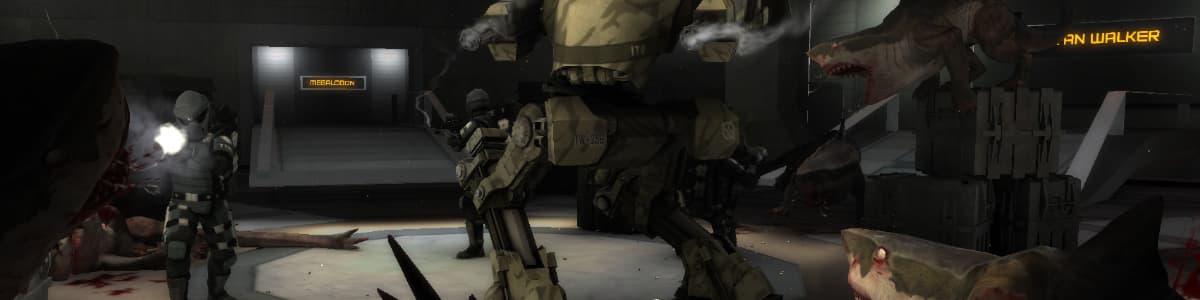 The Vault, showing a marine and a Titan Walker fighting off several shark creatures (Carcharodon Polemos)